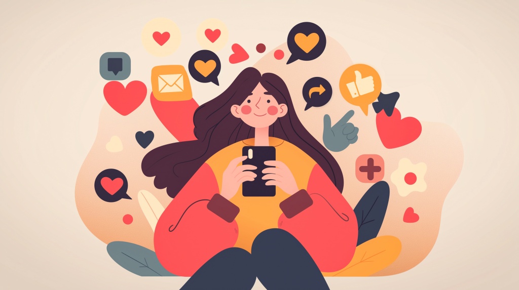 Иллюстрация девушки, сидящей в телефоне в соцсетях Иллюстрация девушки, сидящей в телефоне в соцсетях